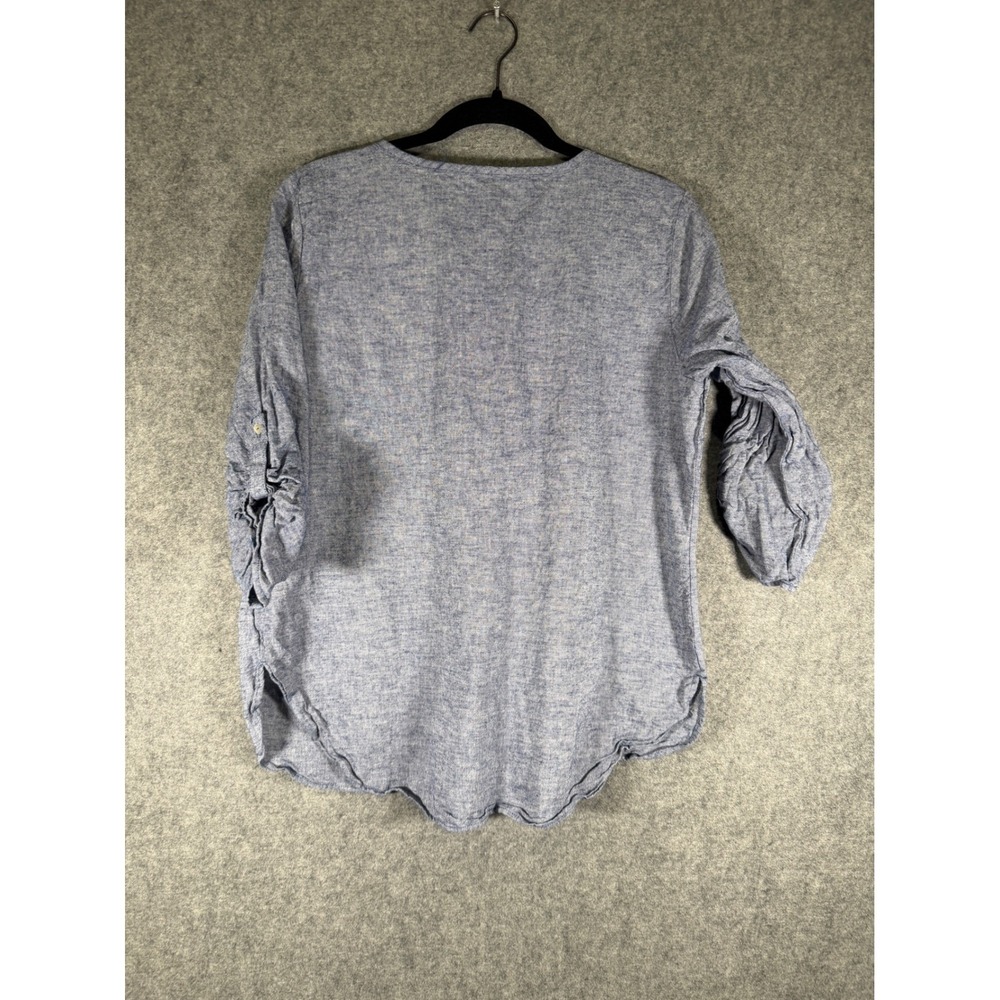 Hester & Orchard Womens Blue Linen Cotton Blend Roll Tab Henley Top Small - Picture 7 of 8